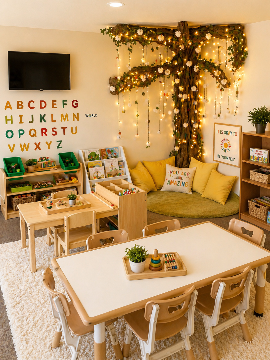 Warm organized daycare classroom with books, table, and cozy reading corner